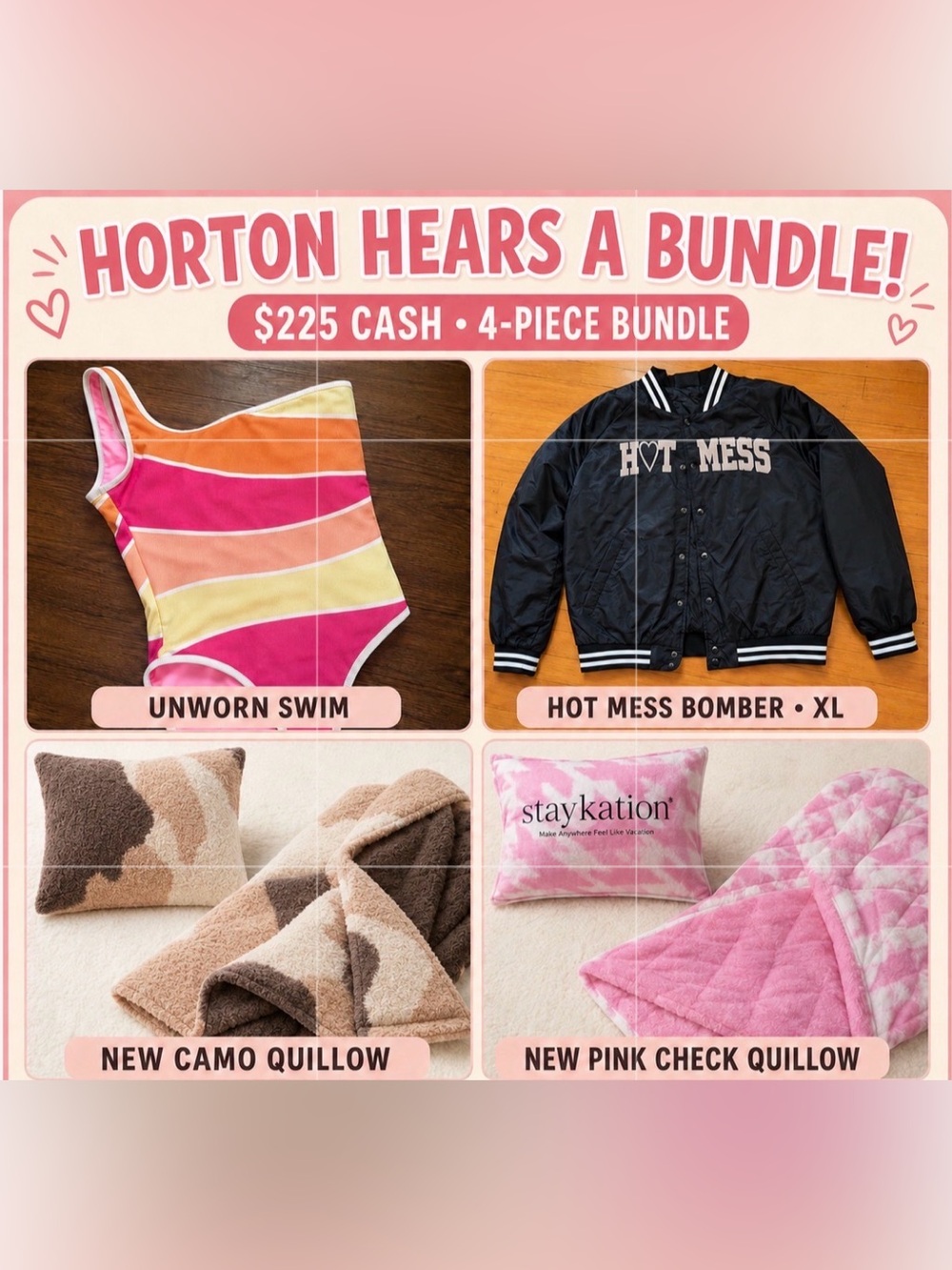 Horton Bundle – XL NWOT Hot Mess Bomber, Britt x Lain Snow Swimsuit & 2 Quillows